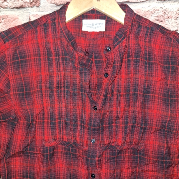 Ralph Lauren Denim & Supply | Red/Black Pleated Hi-Low Plaid Top - Picture 14 of 16